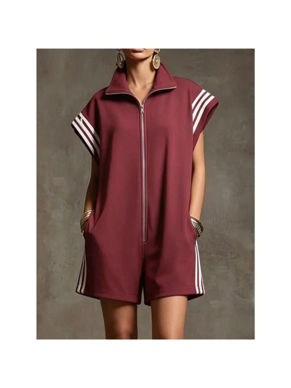 Striped Zip Front Short Sleeve Romper - Picture 4 of 15